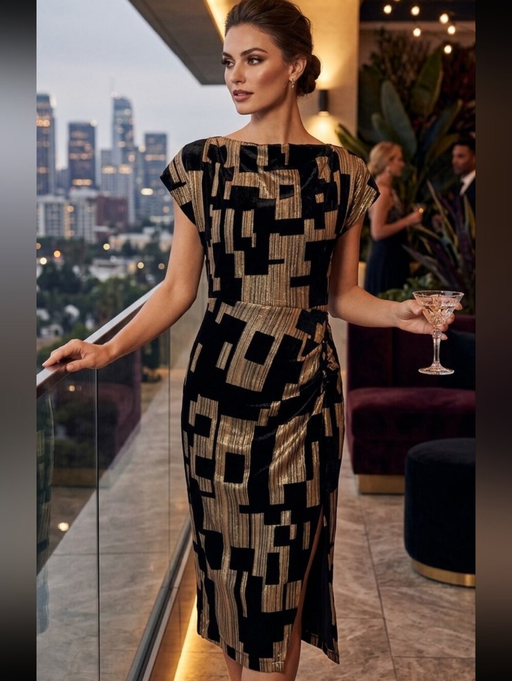 Donna Karan Black and Gold Geometric Midi Sheath Dress